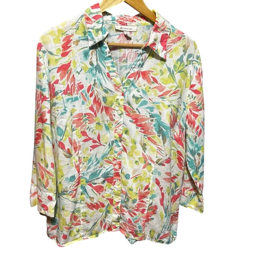 JM‎ Collection Women Linen Top 14 Watercolor Floral Button Up Coastal Beachy
